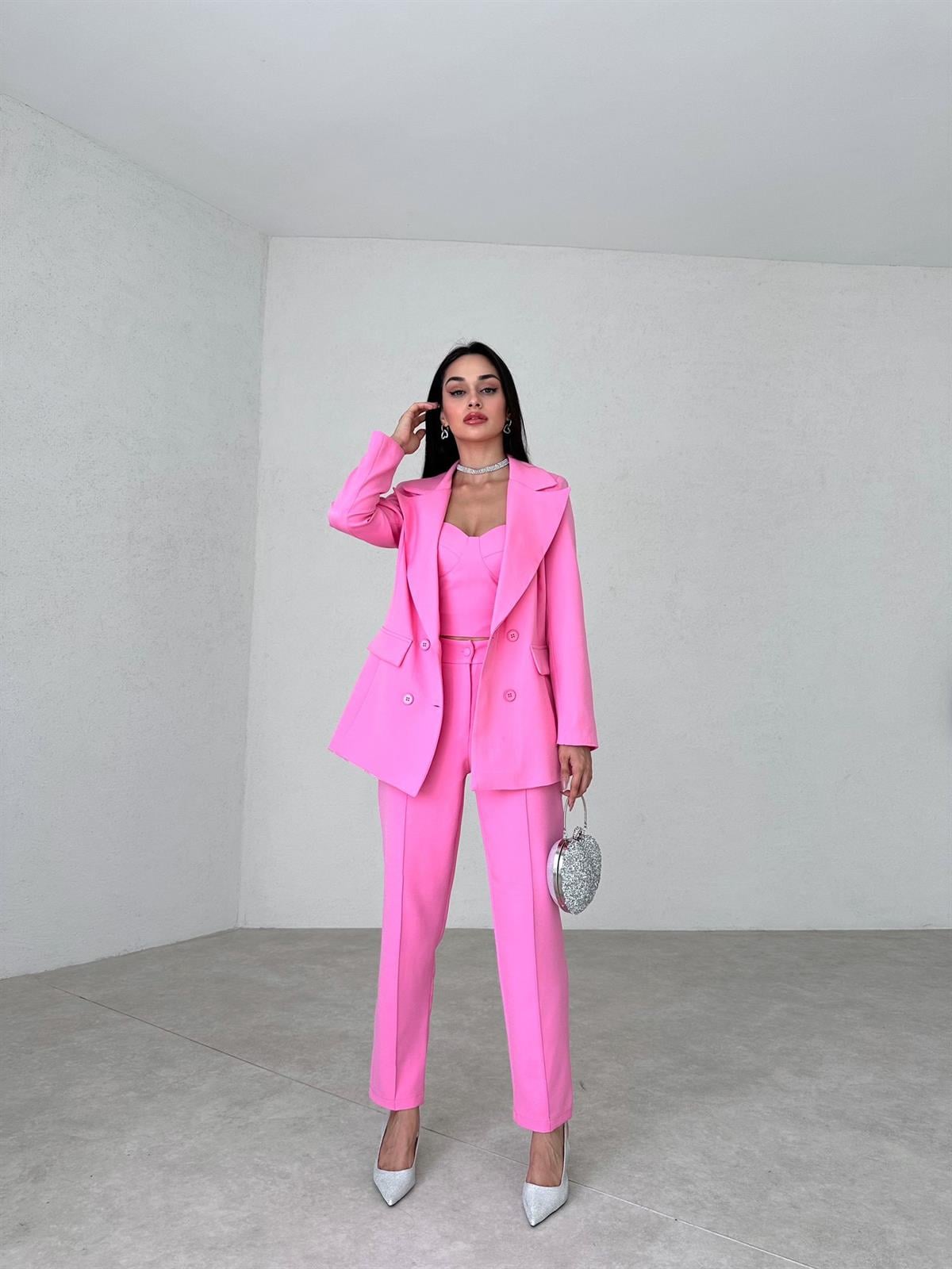 Crop Ceket Pantolon 3 lü Takım - PEMBE