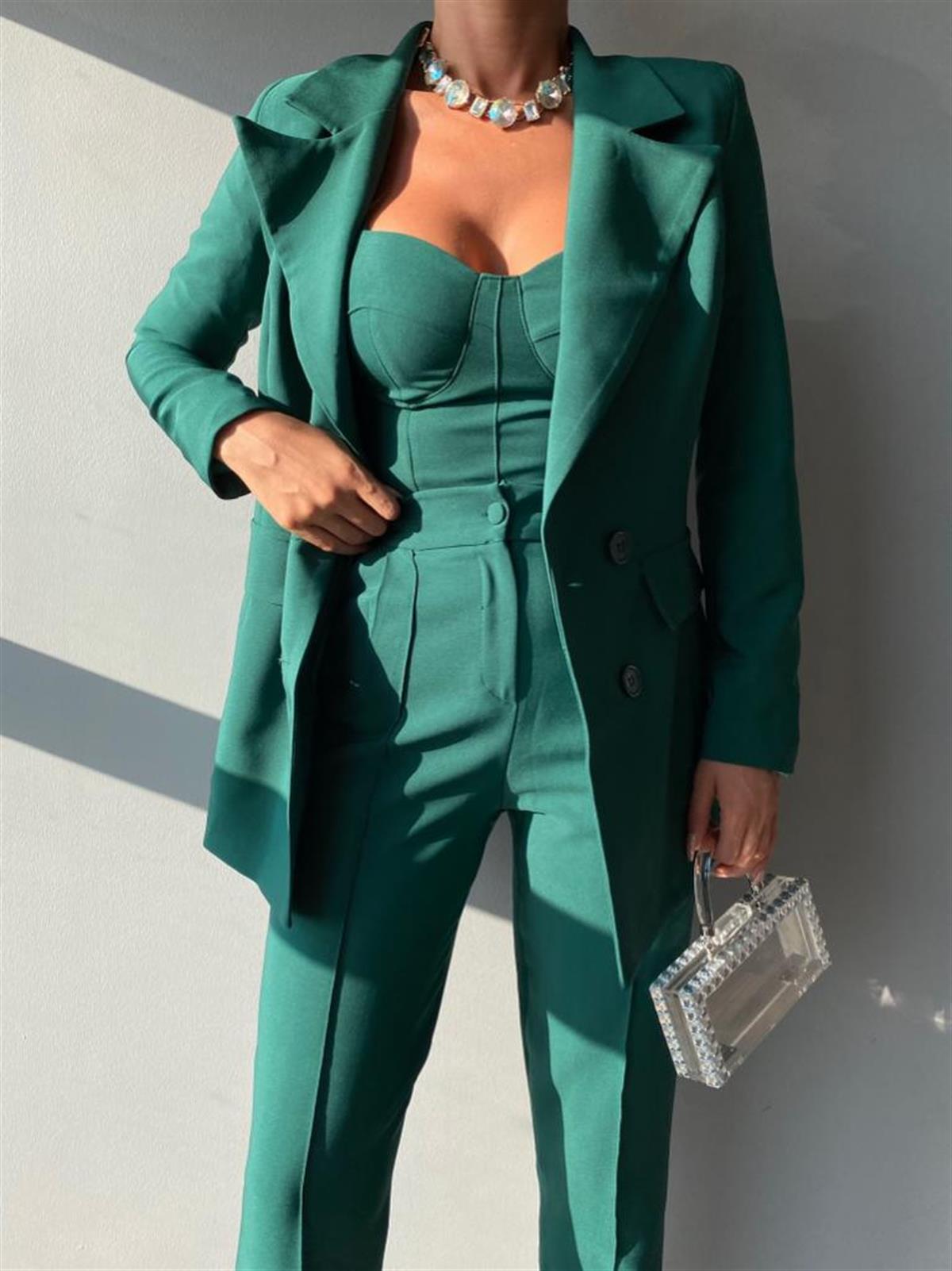 Crop Ceket Pantolon 3 lü Takım - YEŞİL