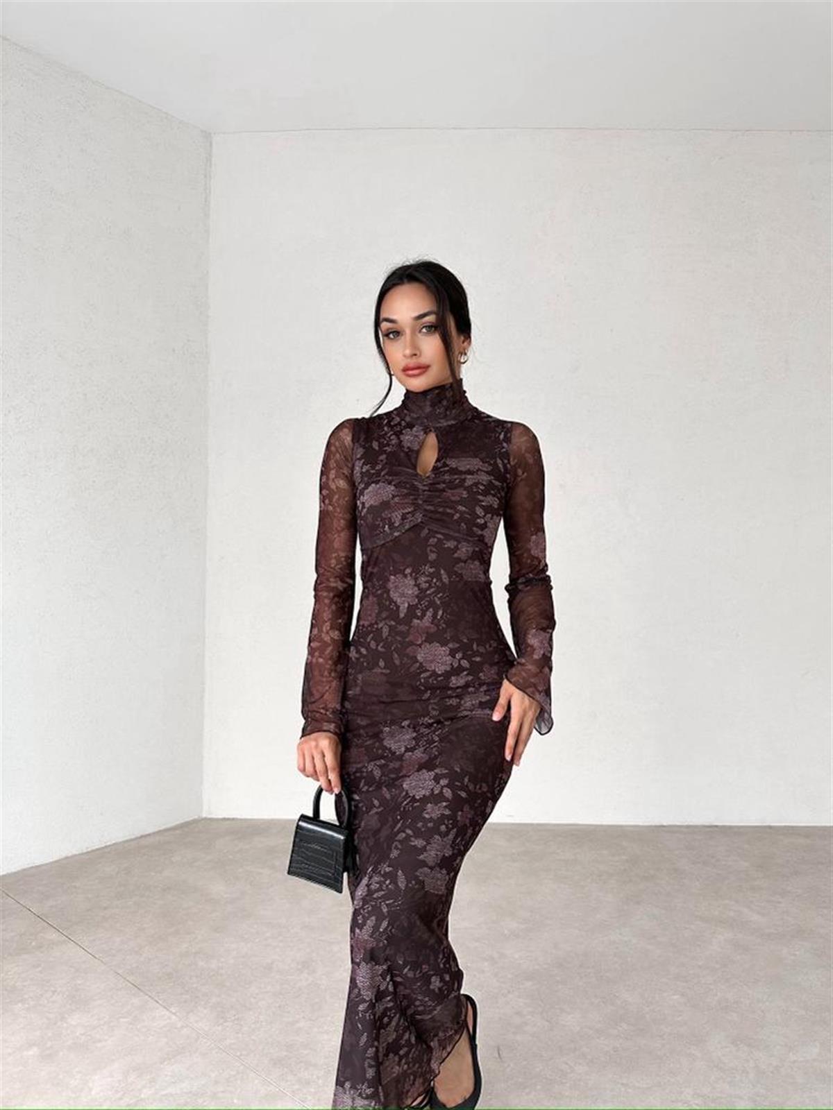 Damla Yaka Midi Şifon Kumaş Kadın Elbise - KAHVE