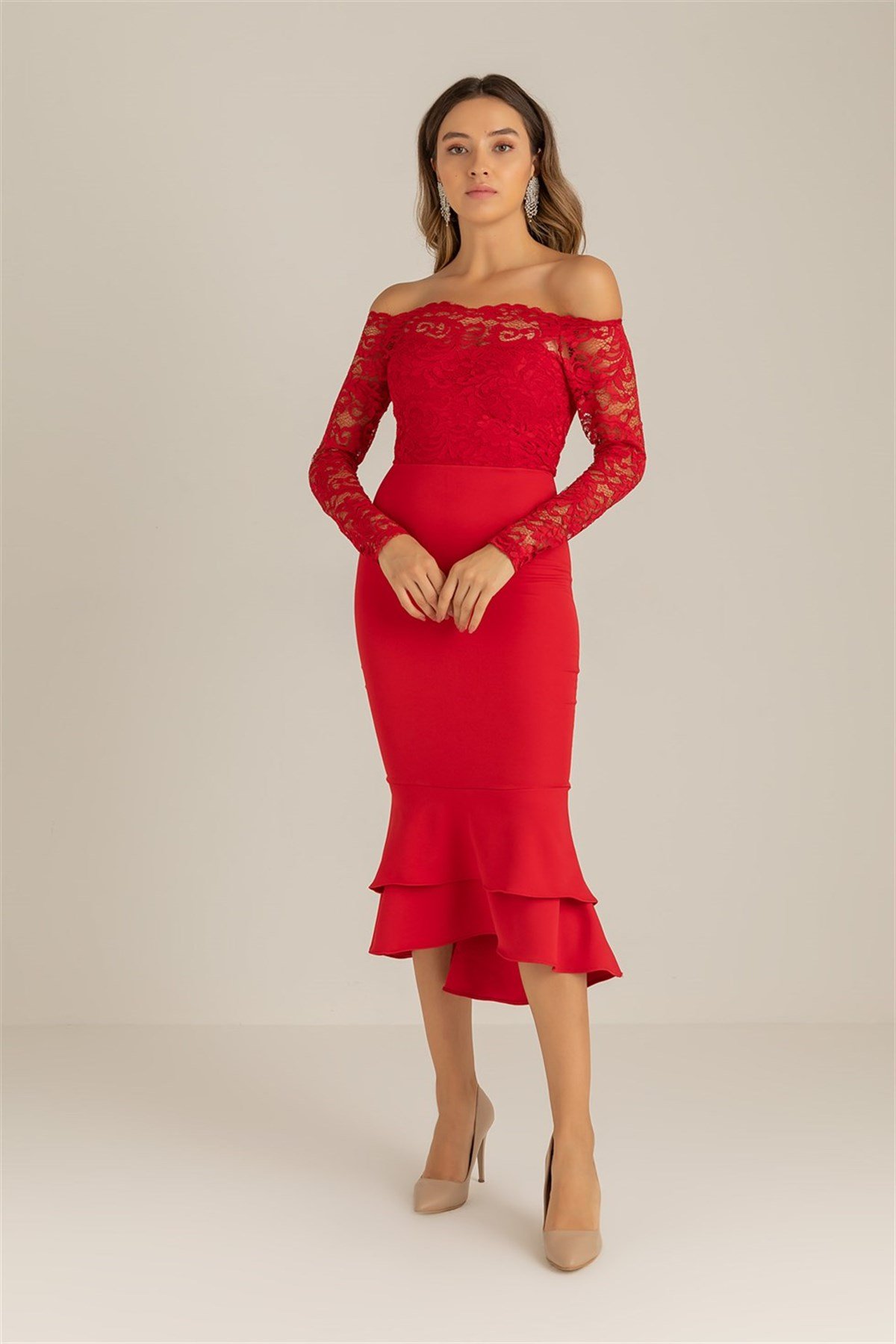 Dantel Detay Etek Ucu Volanlı Elbise - KIRMIZI