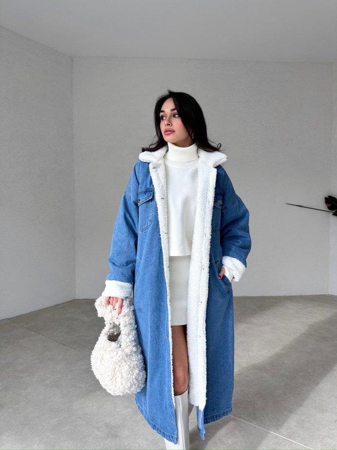 Denim Yıkamalı İçi Peluş Cepli Uzun Kot Mont · 2