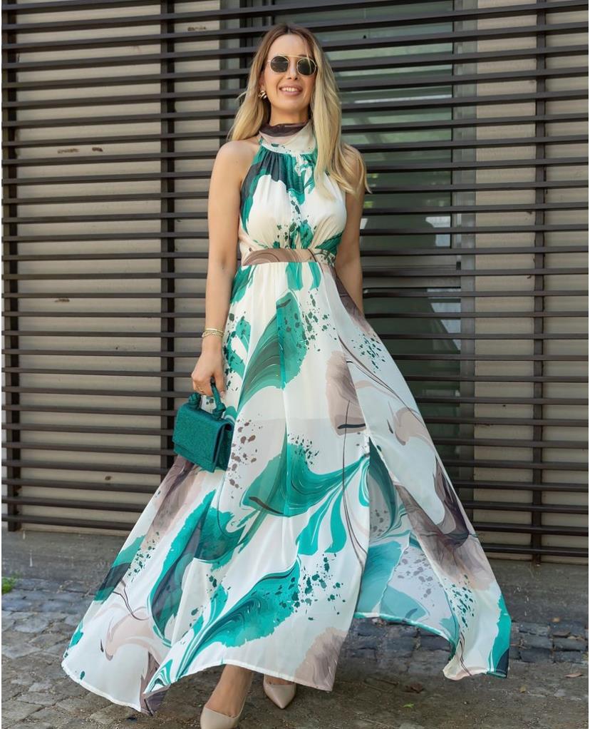 Desenli Halter Yaka Yırtmaçlı Maxi Boy Şifon Elbise - YEŞİL · 13