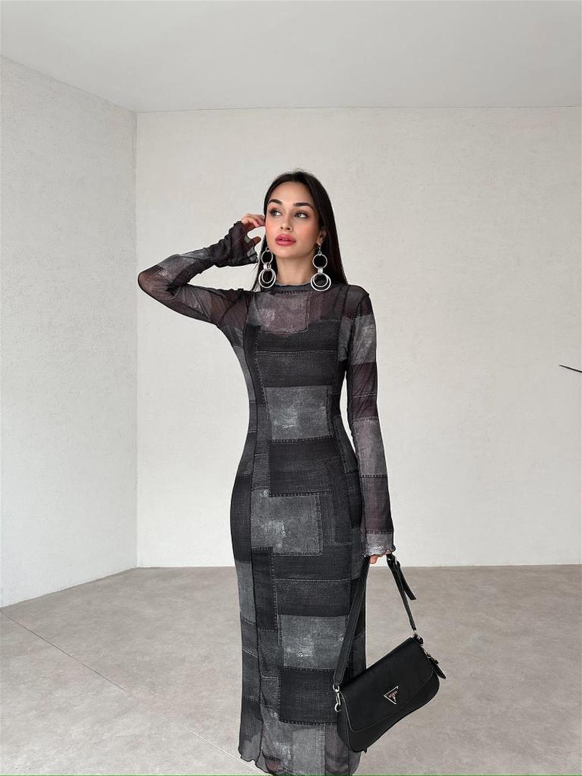 Dörtgen Geçişli Midi Şifon Kumaş Kadın Elbise - FÜME