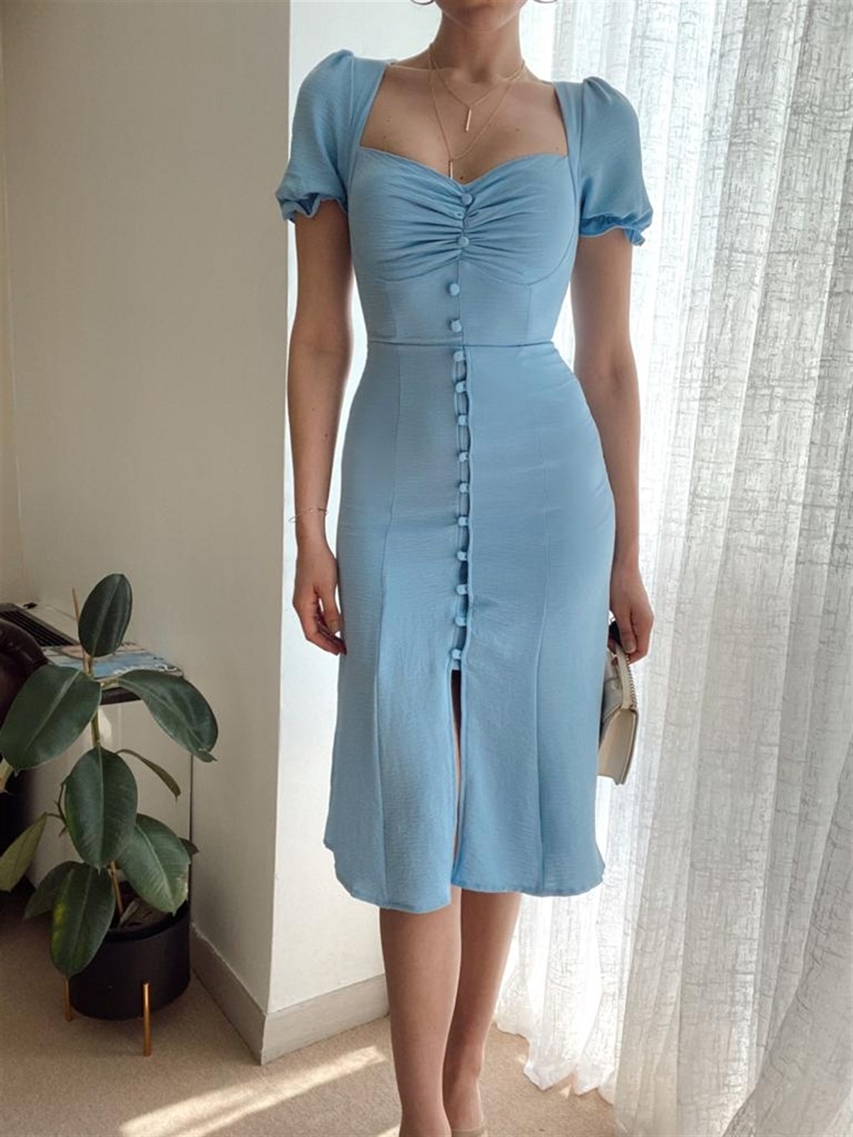 Düğme Detay Uzun Aletris Elbise - MAVİ