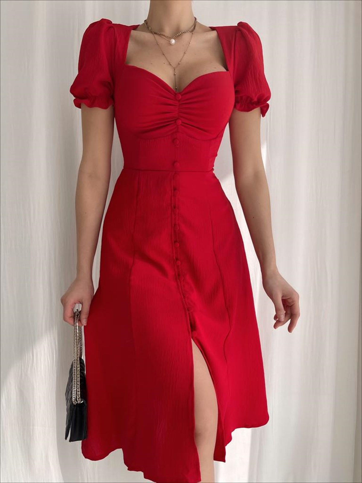 Düğme Detay Uzun Aletris Elbise - KIRMIZI