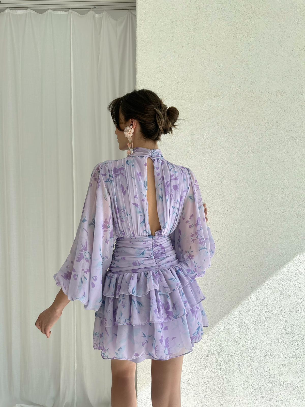Etek Kat Kat Beli Drape Sırt Detaylı Çiçek Desenli Şifon Elbise - LİLA