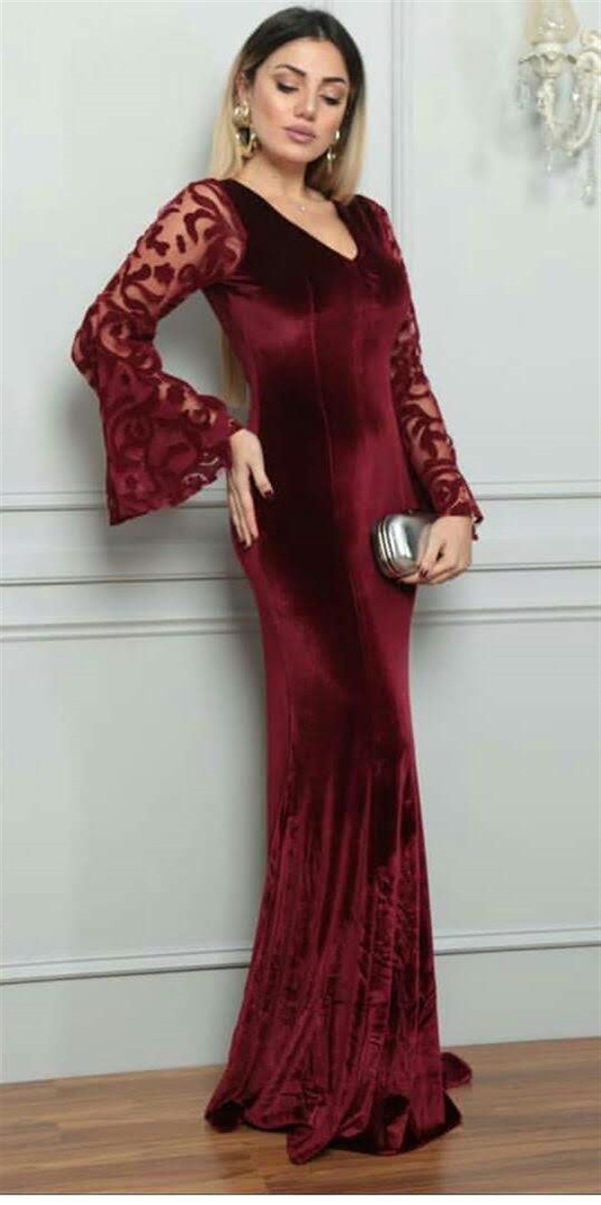 Flok İşleme Detaylı İspanyol Kol Kadife Balık Elbise - BORDO