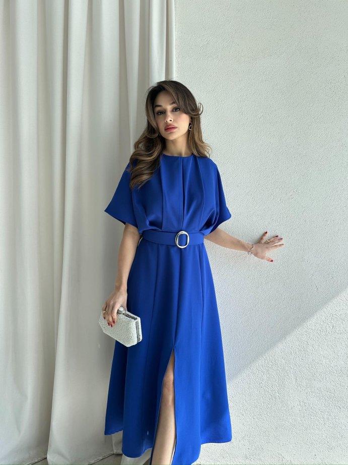 Geniş Kol Beli Kemerli Önden Yırtmaçlı Midi Elbise - SAKS MAVİ · 3