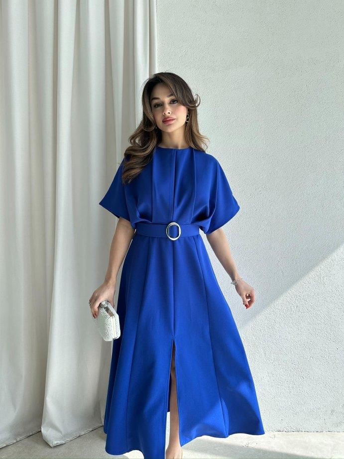 Geniş Kol Beli Kemerli Önden Yırtmaçlı Midi Elbise - SAKS MAVİ · 4