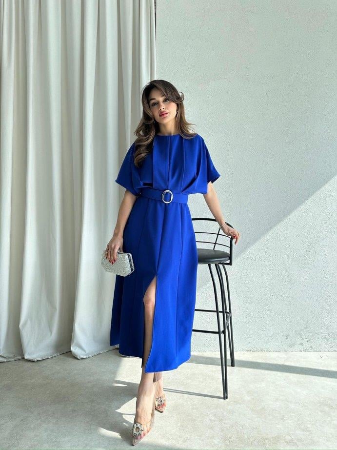 Geniş Kol Beli Kemerli Önden Yırtmaçlı Midi Elbise - SAKS MAVİ