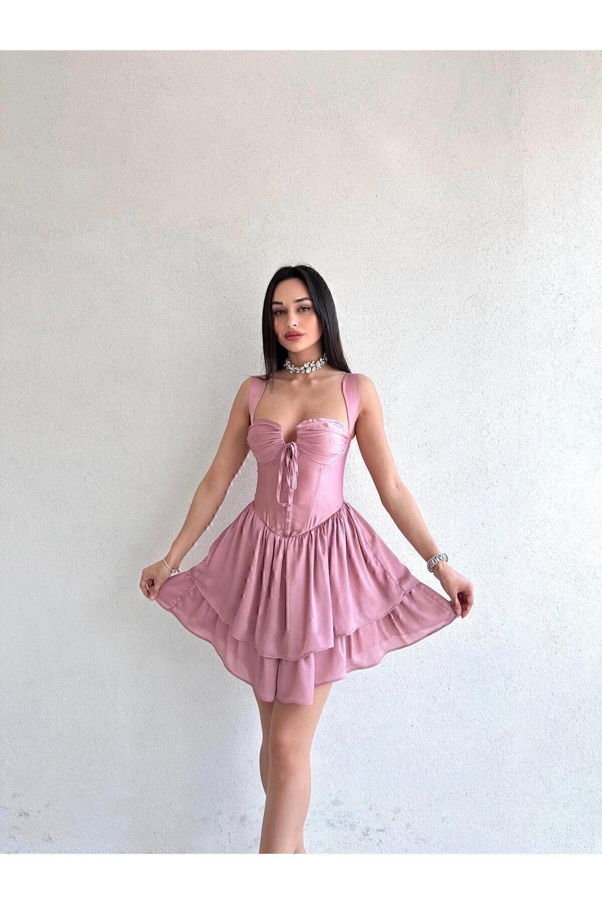 Göğüs Detaylı Kalın Askılı Sırt Dekolteli Mini Elbise - TOZ PEMBE