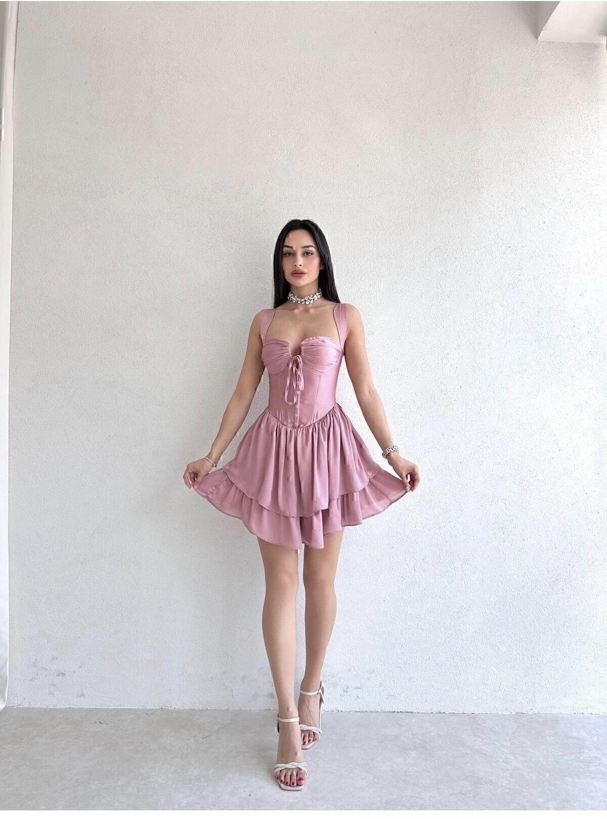 Göğüs Detaylı Kalın Askılı Sırt Dekolteli Mini Elbise - TOZ PEMBE · 8