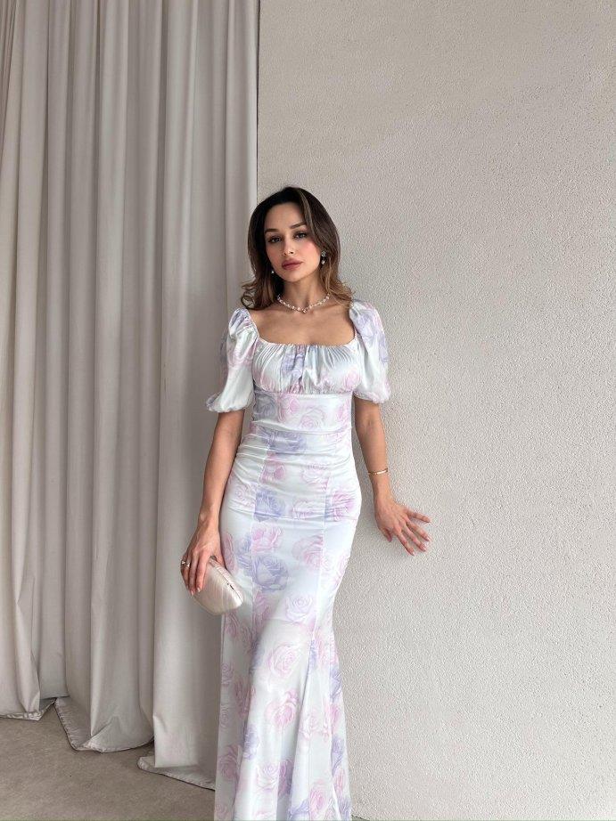 Göğüs Drape Pastel Çiçek Desenli Maxi Boy Saten Elbise Kısa Kol - MAVİ · 3