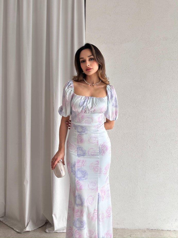 Göğüs Drape Pastel Çiçek Desenli Maxi Boy Saten Elbise Kısa Kol - MAVİ · 4