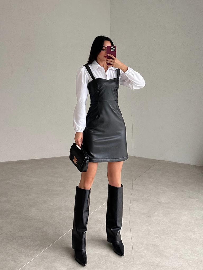 Gömlekli Mini Deri Elbise - SİYAH · 3