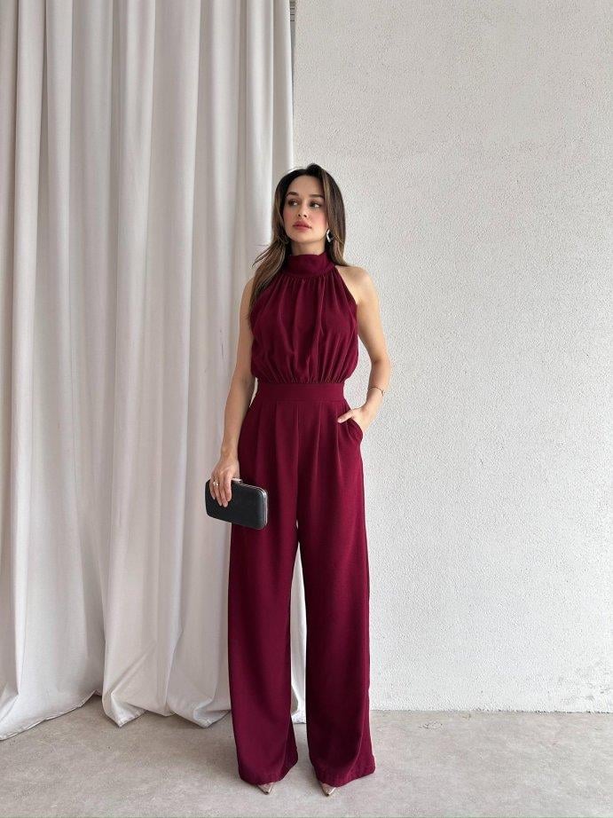 Halter Yaka Kolsuz Drapeli Plazzo Model Belden Oturtmalı Cepli Bol Paça Uzun Tulum - BORDO RENK