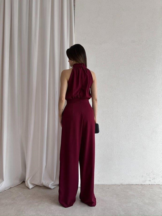 Halter Yaka Kolsuz Drapeli Plazzo Model Belden Oturtmalı Cepli Bol Paça Uzun Tulum - BORDO RENK · 3