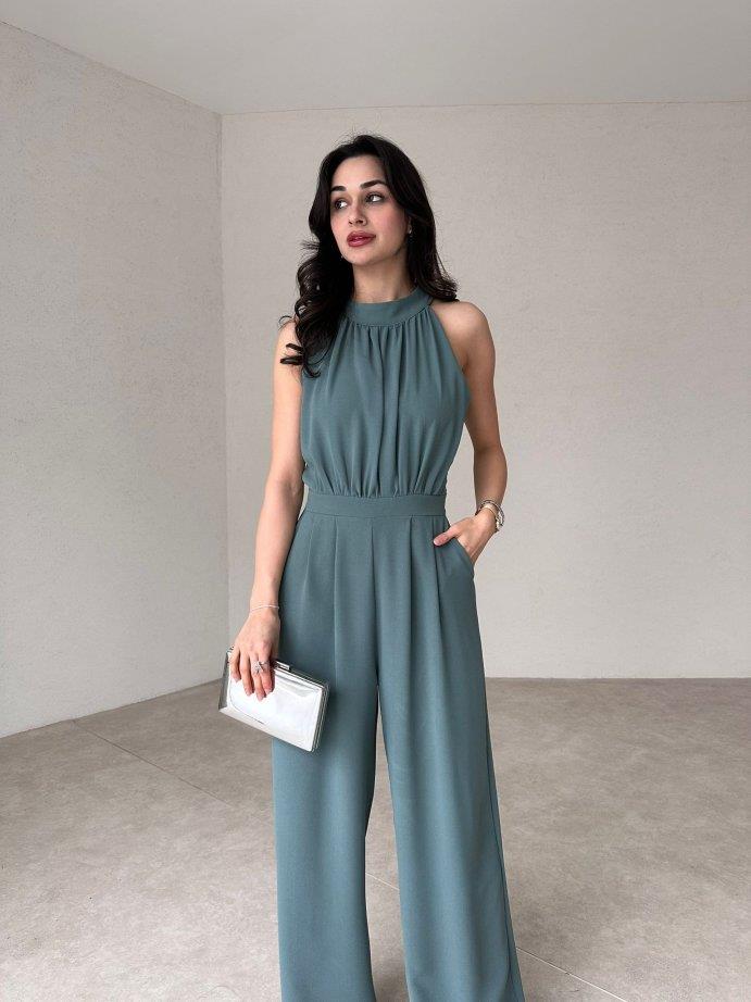 Halter Yaka Kolsuz Drapeli Plazzo Model Belden Oturtmalı Cepli Bol Paça Uzun Tulum - MİNT YEŞİLİ · 7