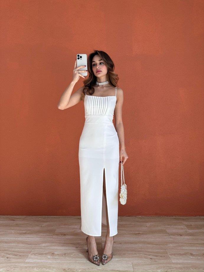 İnce Askılı Belden Oturtmalı Yırtmaçlı Elbise - BEYAZ