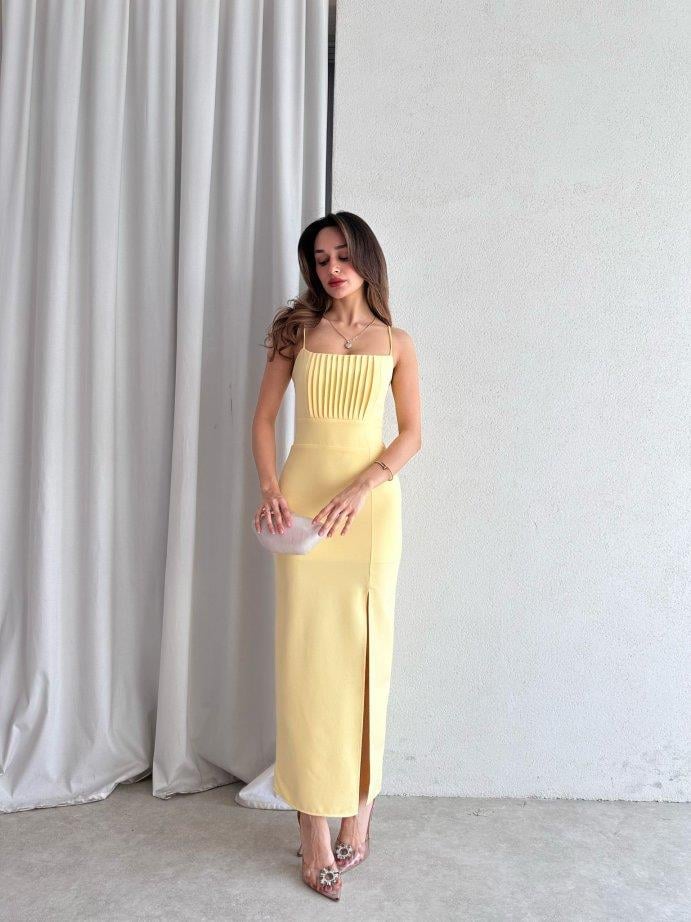 İnce Askılı Belden Oturtmalı Yırtmaçlı Elbise - AÇIK SARI