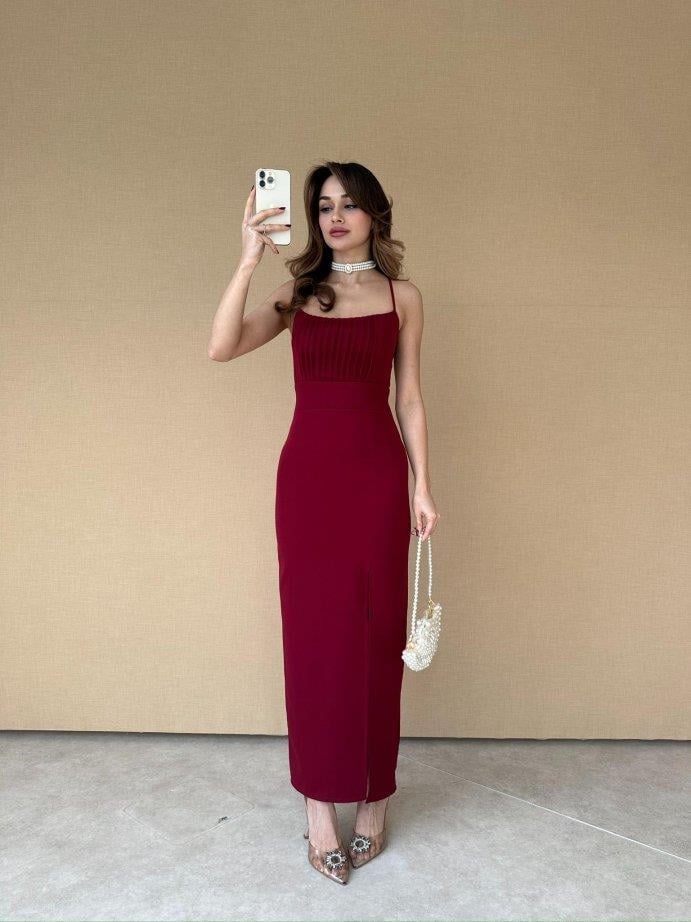 İnce Askılı Belden Oturtmalı Yırtmaçlı Elbise - BORDO