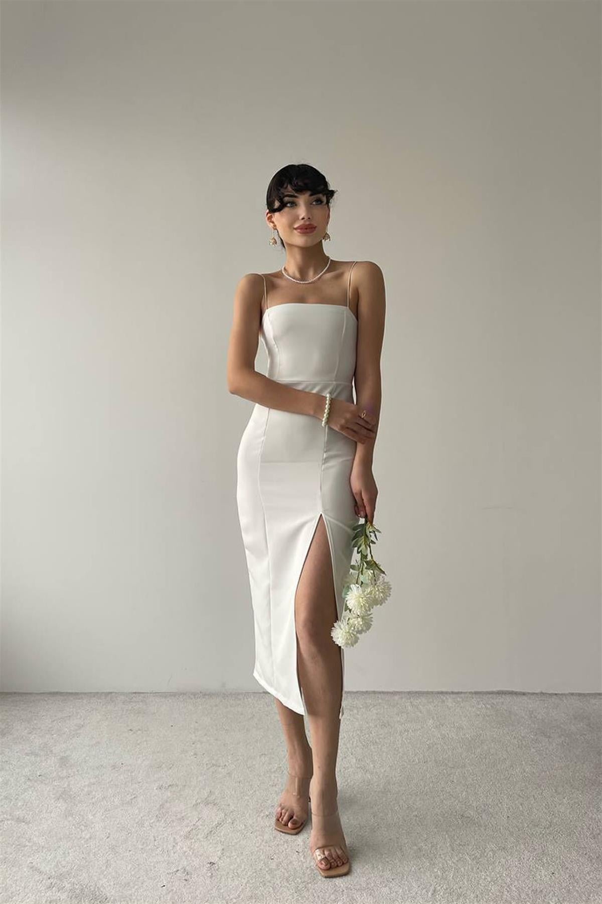 İp Askılı Yırtmaç Detay Kadın Elbise - BEYAZ