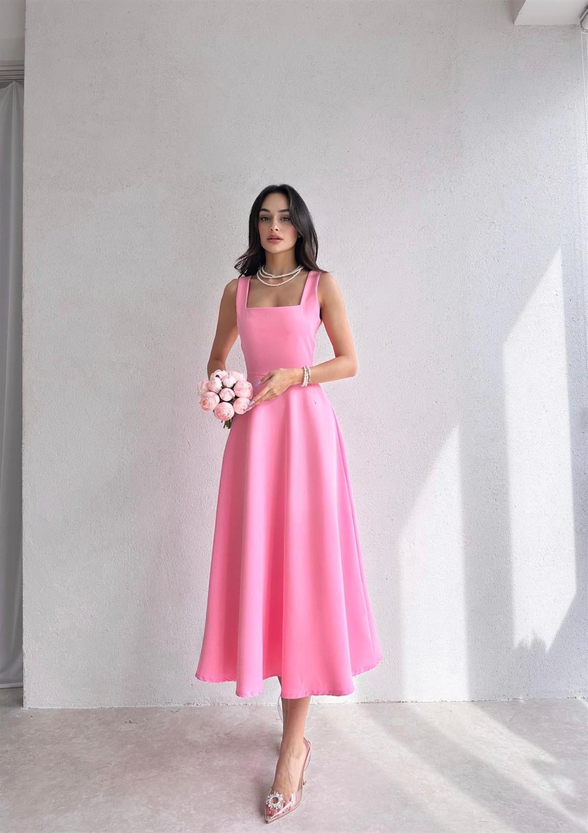 Kalın Askı Detay Kadın Midi Elbise - PEMBE