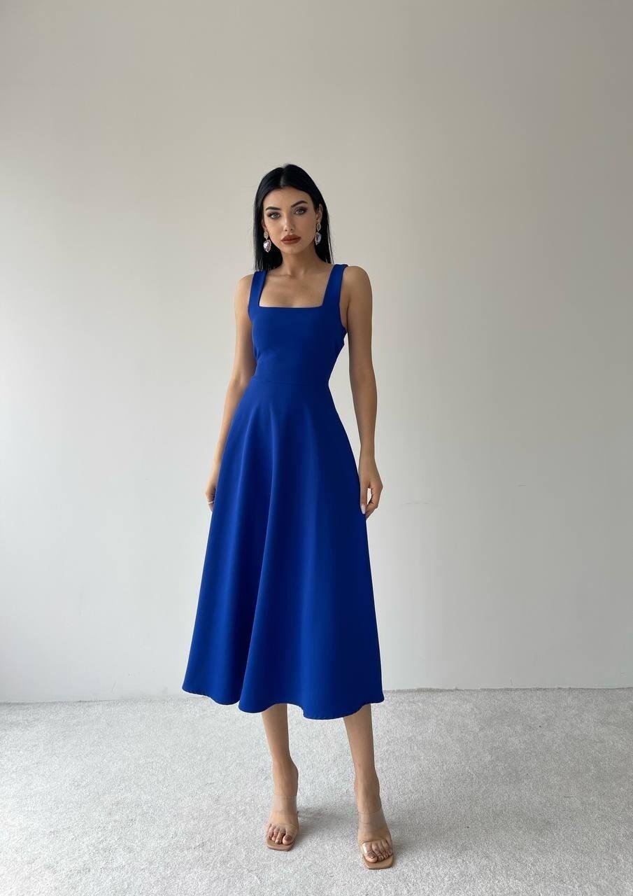 Kalın Askı Detay Kadın Midi Elbise - SAKS MAVİ