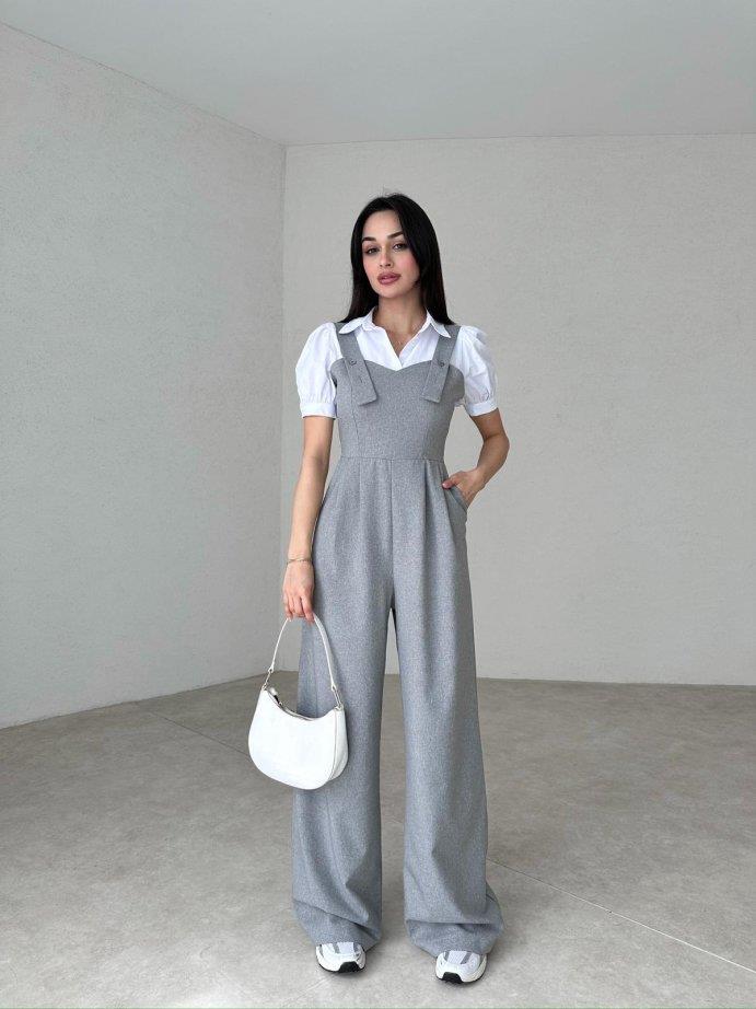 Kalp Yaka Düğme Detaylı Cepli Plazzo Model Salopet Tulum - GRİ