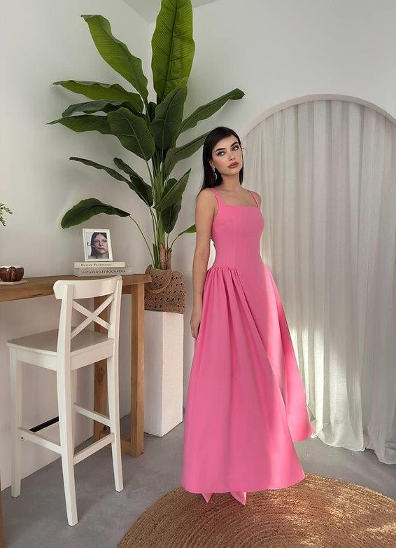 Kare Yaka Kalın Askılı Uzun Elbise - PEMBE · 6