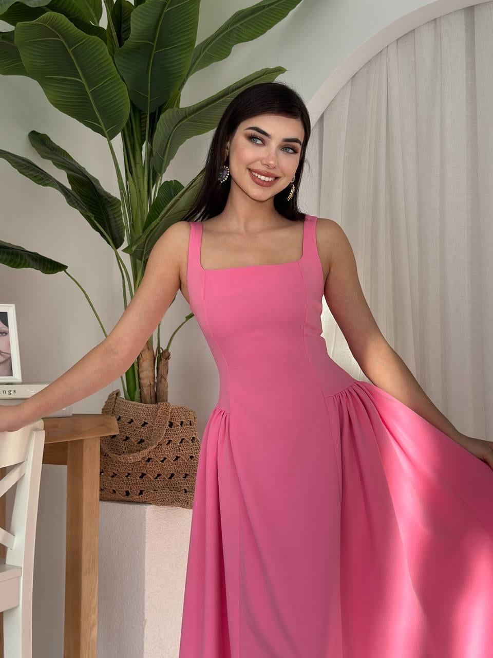 Kare Yaka Kalın Askılı Uzun Elbise - PEMBE · 5