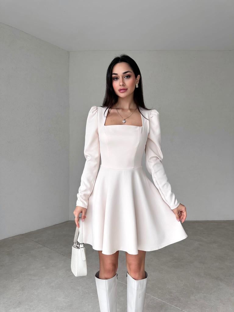 Kare Yaka Uzun Kol Mini Kadın Elbise - KREM