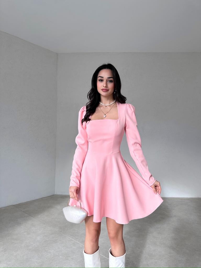 Kare Yaka Uzun Kol Mini Kadın Elbise - PUDRA