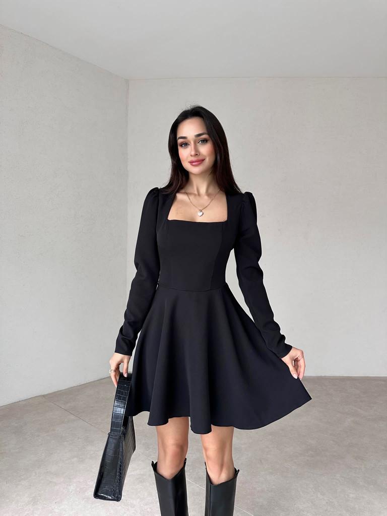 Kare Yaka Uzun Kol Mini Kadın Elbise - SİYAH