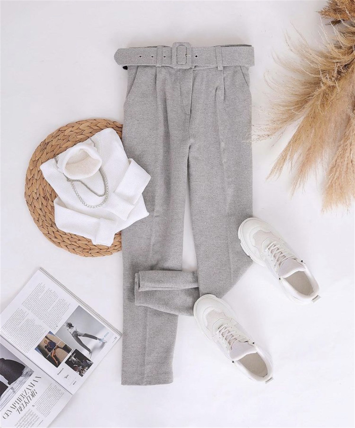 Kaşe Kumaş Kemerli Pantolon- Açık Gri · 7