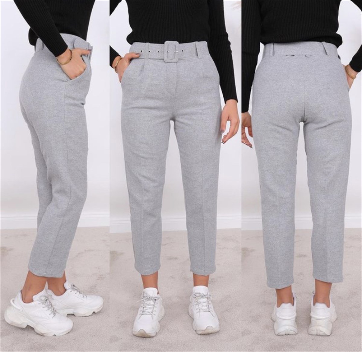 Kaşe Kumaş Kemerli Pantolon- Açık Gri · 3