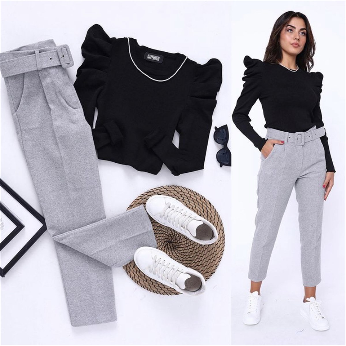 Kaşe Kumaş Kemerli Pantolon- Açık Gri · 5