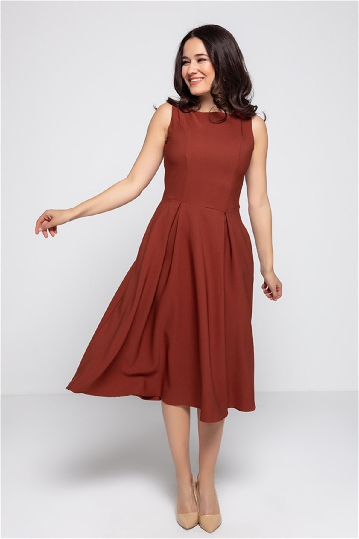 Kısa Kol Atlas Kumaş Midiboy Elbise - KİREMİT RENK