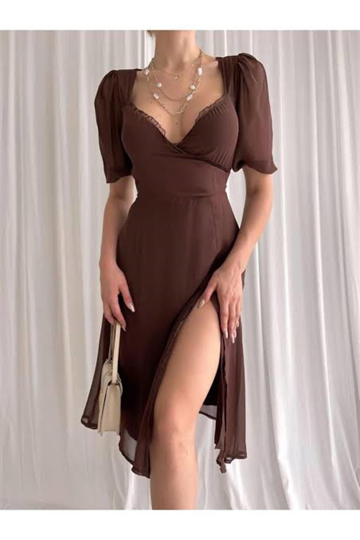 Kol Detay Astarlı Tül Elbise - KAHVERENGİ