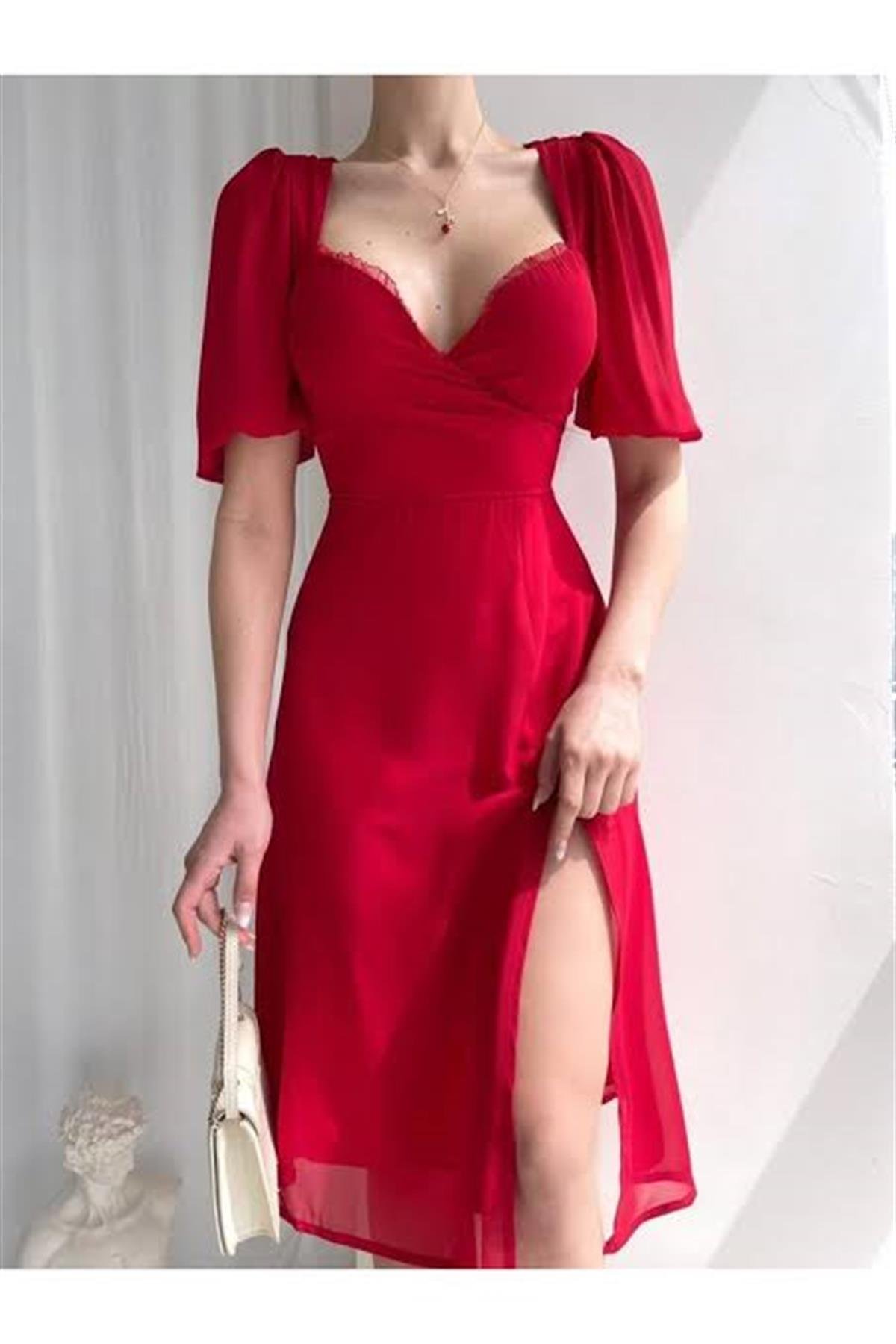 Kol Detay Astarlı Tül Elbise - KIRMIZI