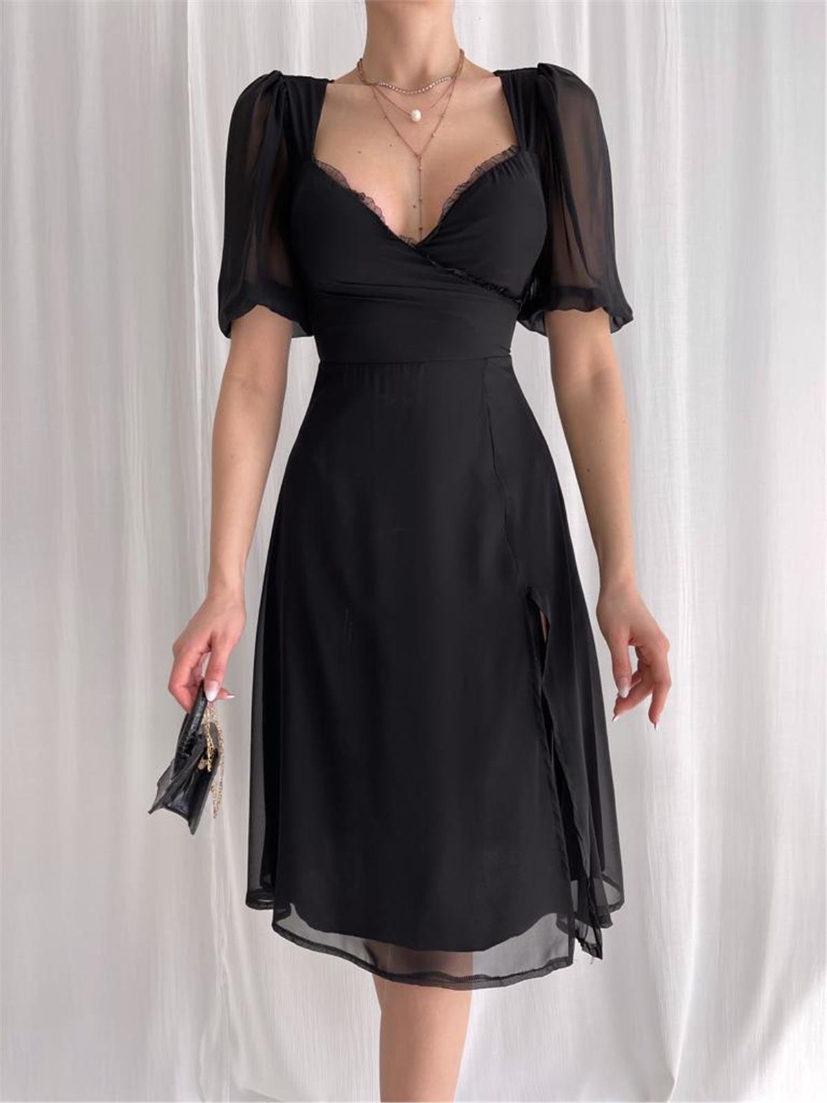 Kol Detay Astarlı Tül Elbise - SİYAH