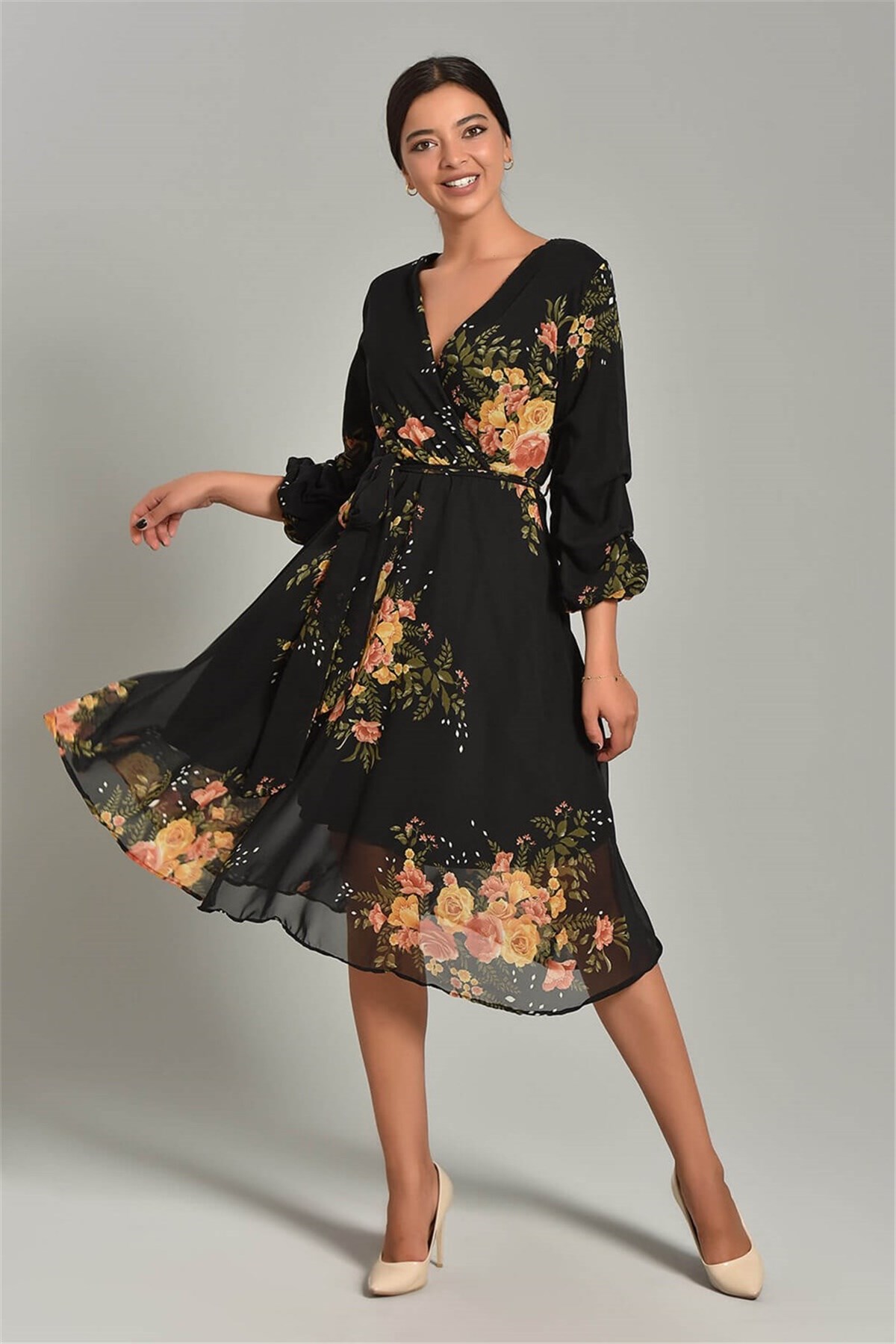 Kol Detay Çiçek Desenli Şifon Elbise - SARI