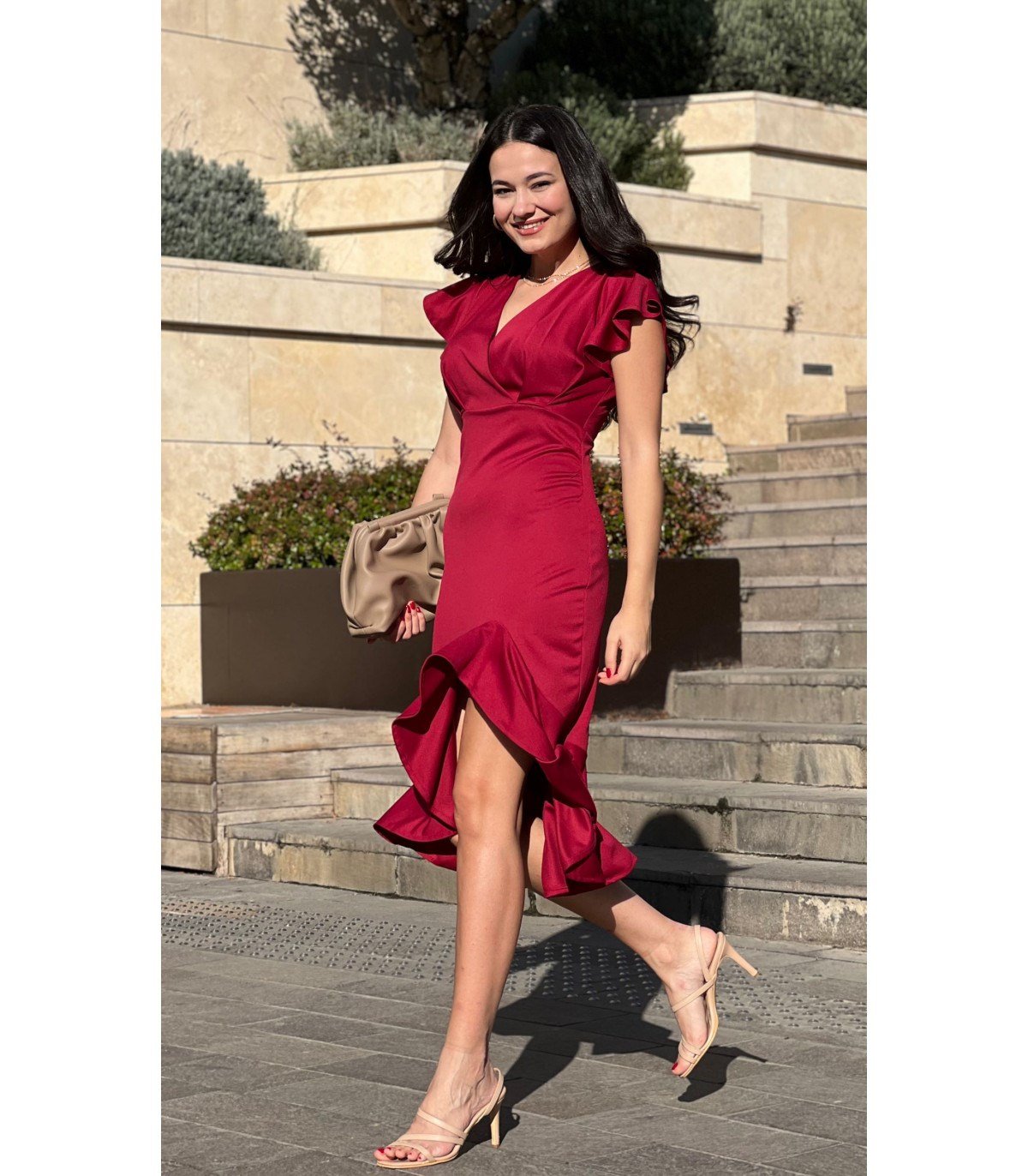 Kravuze Yaka Etek Volanlı Elbise - BORDO