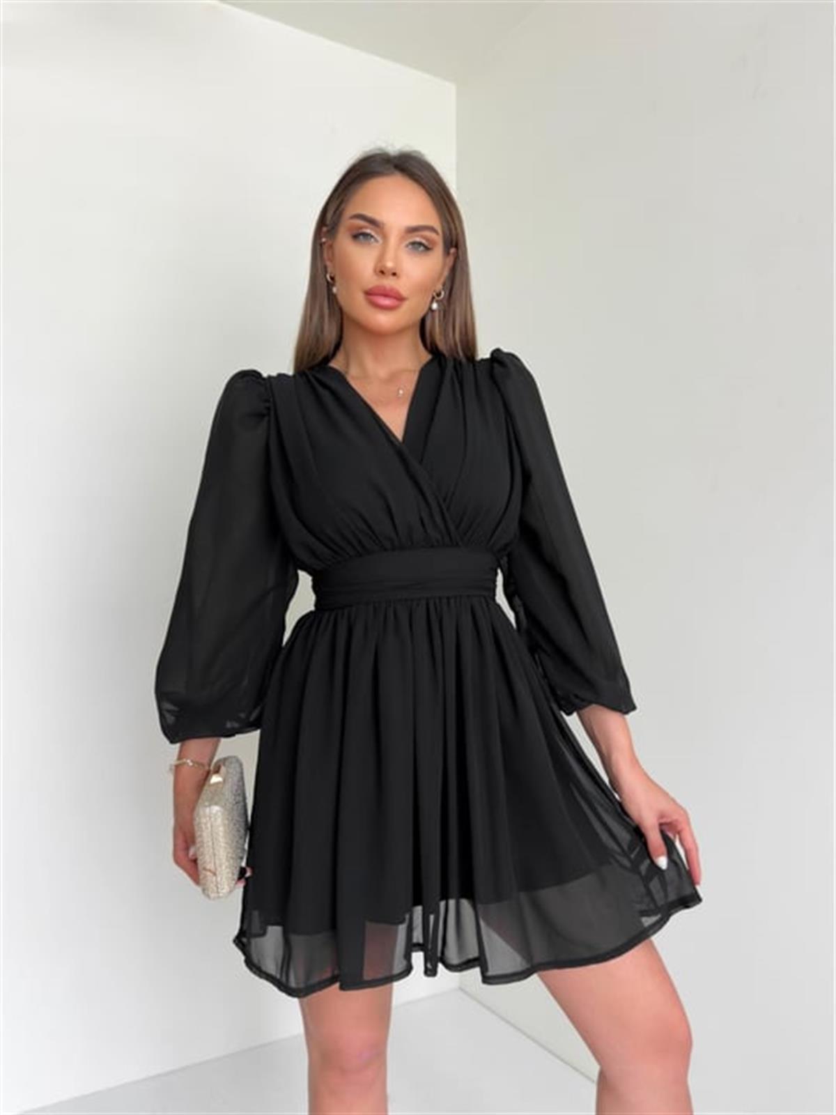 Kruvaze Yaka Belden Oturmalı Şifon Kumaş Kiloş Elbise - SİYAH