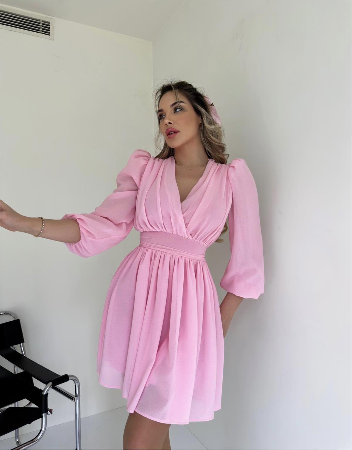 Kruvaze Yaka Belden Oturmalı Şifon Kumaş Kiloş Elbise - PEMBE · 7
