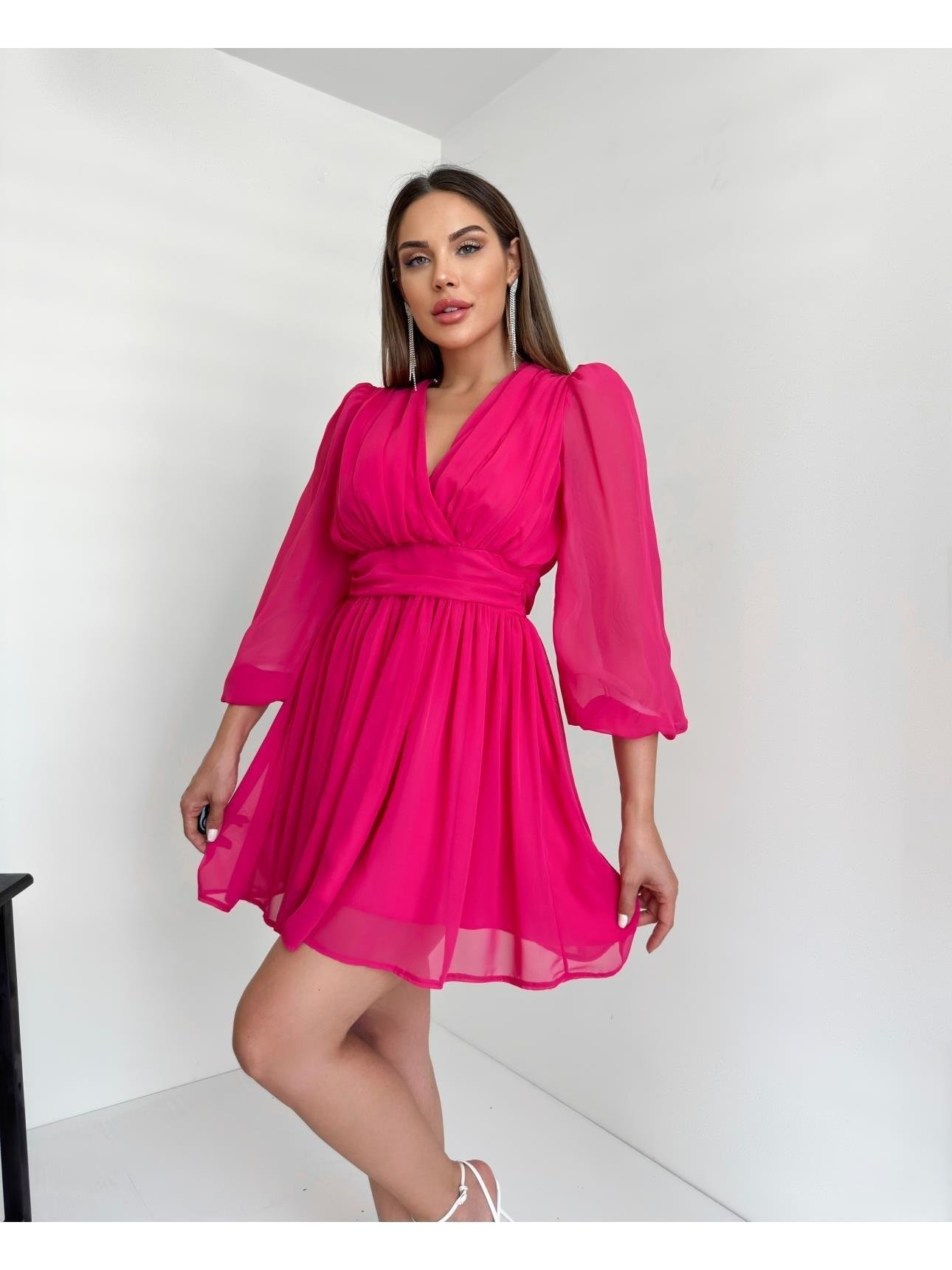 Kruvaze Yaka Belden Oturmalı Şifon Kumaş Kiloş Elbise - FUŞYA PEMBE