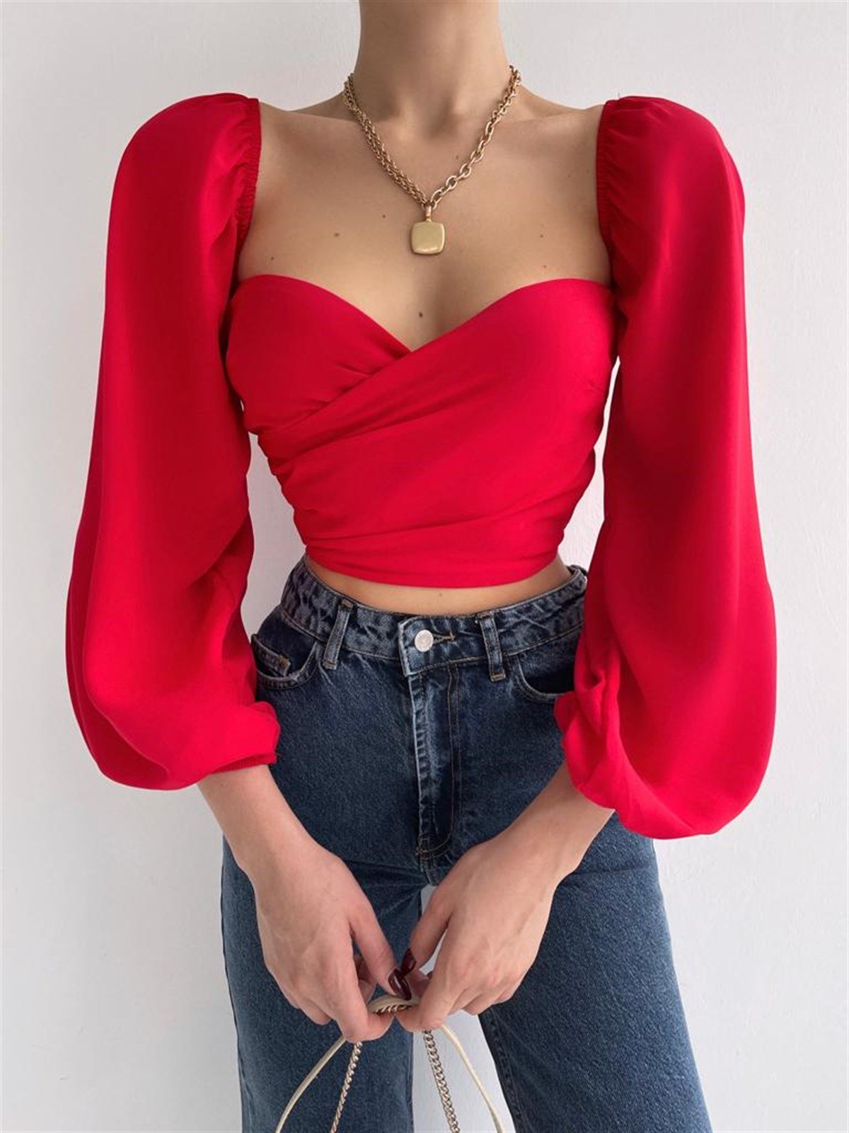 Kruvaze Yaka Bluz - KIRMIZI