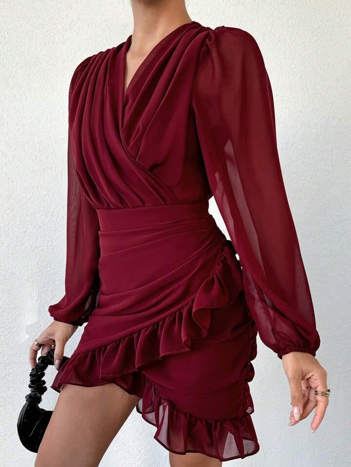 Kruvaze Yaka Drape Detay Etek Ucu Fırfırlı Elbise - BORDO · 3