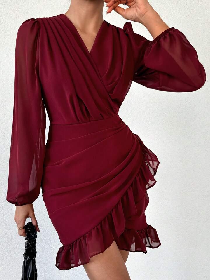 Kruvaze Yaka Drape Detay Etek Ucu Fırfırlı Elbise - BORDO · 2
