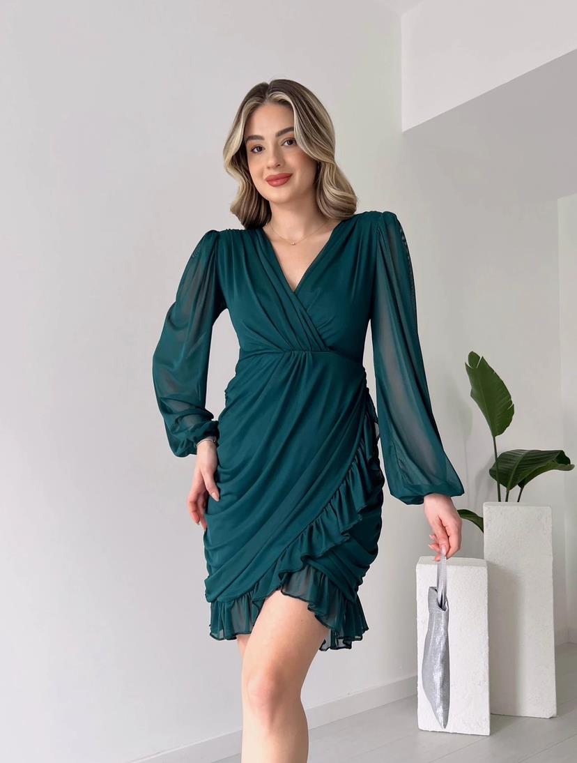 Kruvaze Yaka Drape Detay Etek Ucu Fırfırlı Elbise - ZÜMRÜT YEŞİLİ · 3